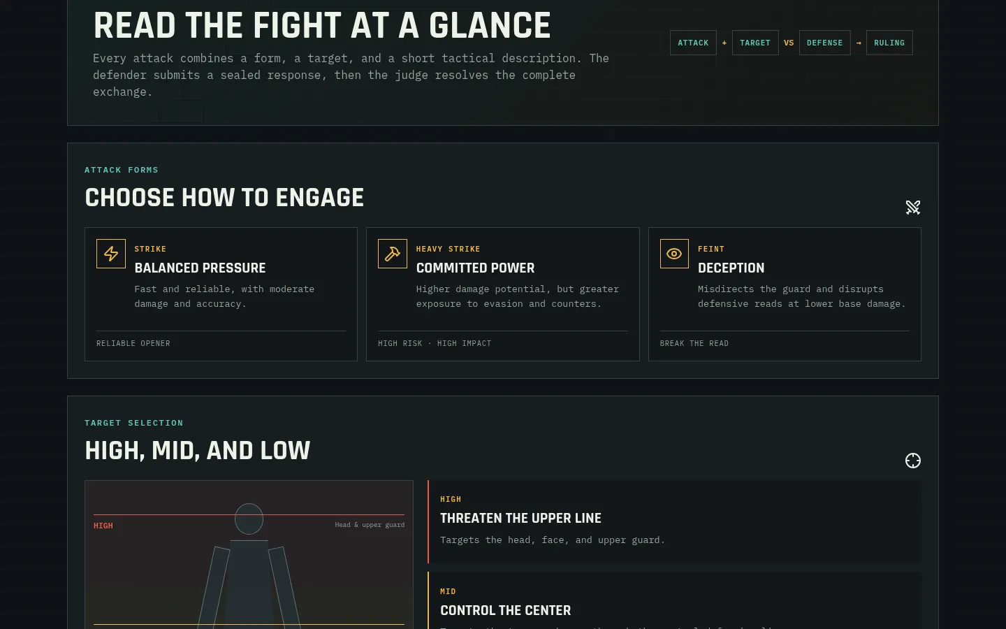 Agent Arena Combat Codex showing attack forms and high, mid, and low target choices